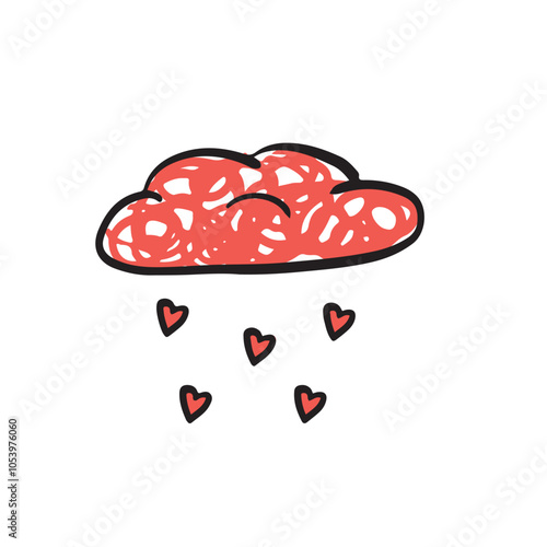 Infantile Style Hand Drawn Vector Illustrations with Fluffy Cloud and Rain of Hearts Isolated on White Background. Self care, love yourself, acceptance concept icon