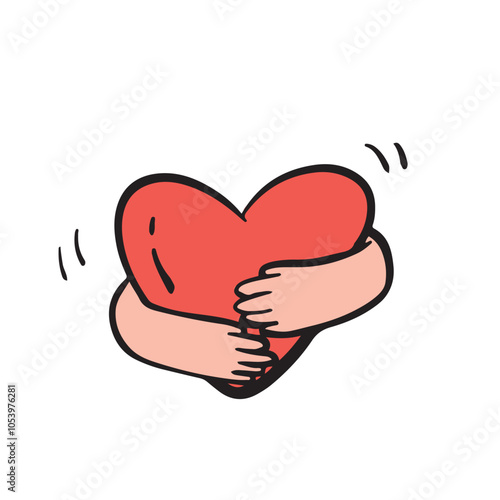 Two human hands hugging heart. Self care, love yourself, acceptance concept. Charity, volunteer work icon. Valentines day vector illus