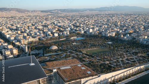 Athens Aerial: Stavros Niarchos Center Solar Roof and Park Landscape