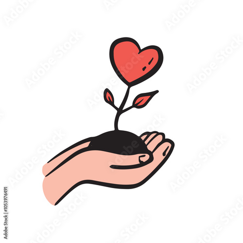 Two human hands growing heart from the earth. Self care, love yourself, acceptance concept. Charity, volunteer work icon. Valentines day vector illus