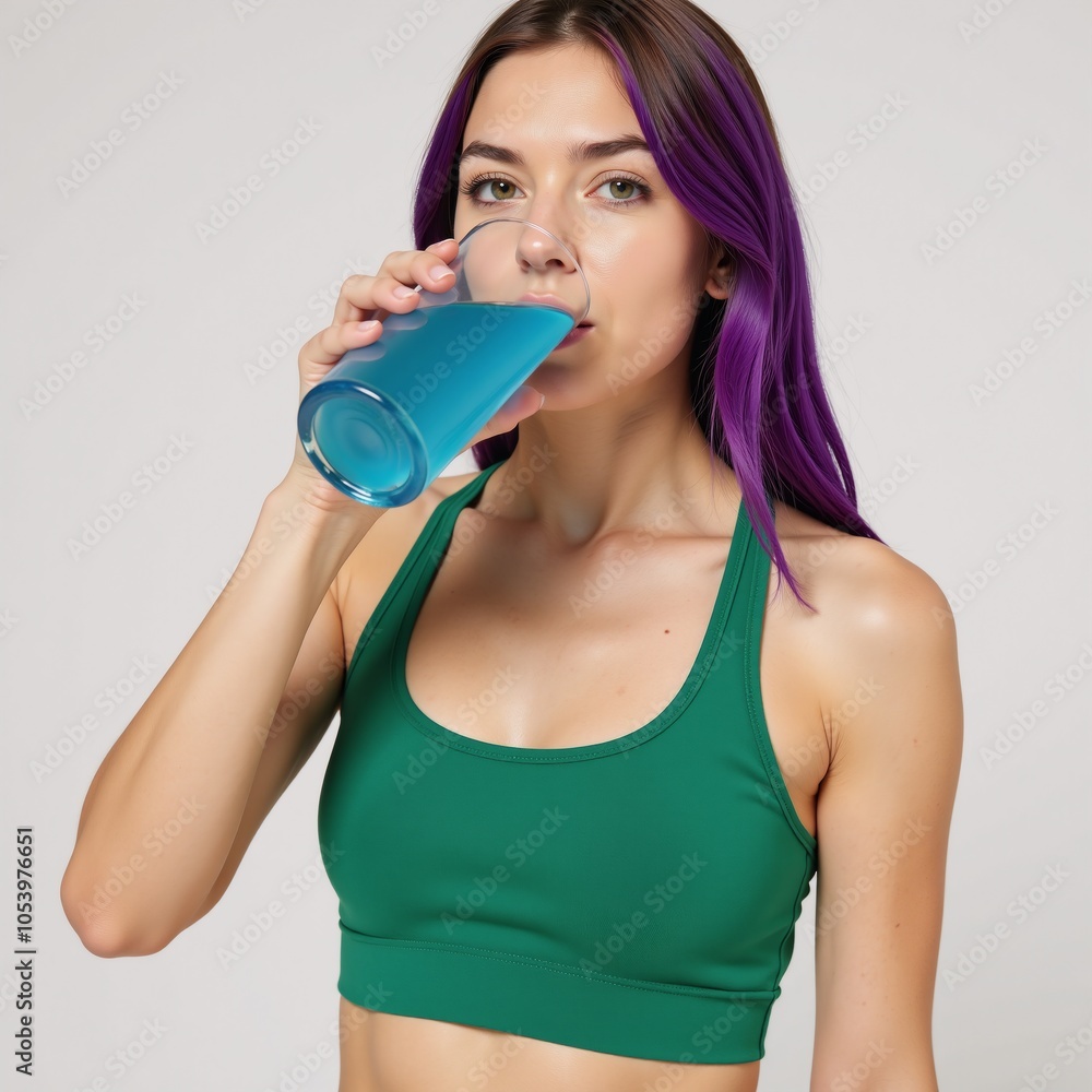 A cute girl sportswear outfit featuring green eyes purple hair and sipping on a blue drink A cute girl sportswear outfit featuring green eyes purple hair and sipping on a blue drink