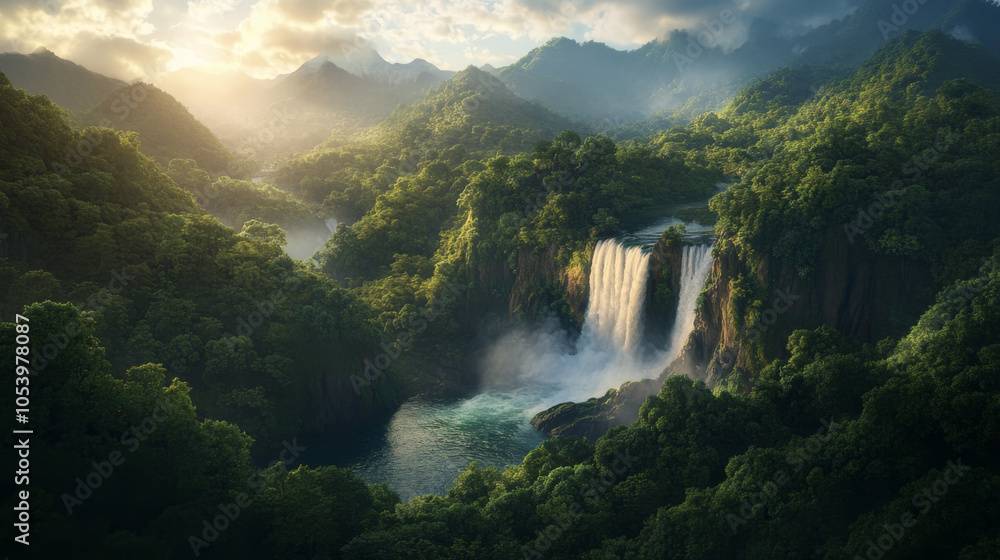 Fototapeta premium A lush green forest with a waterfall in the background