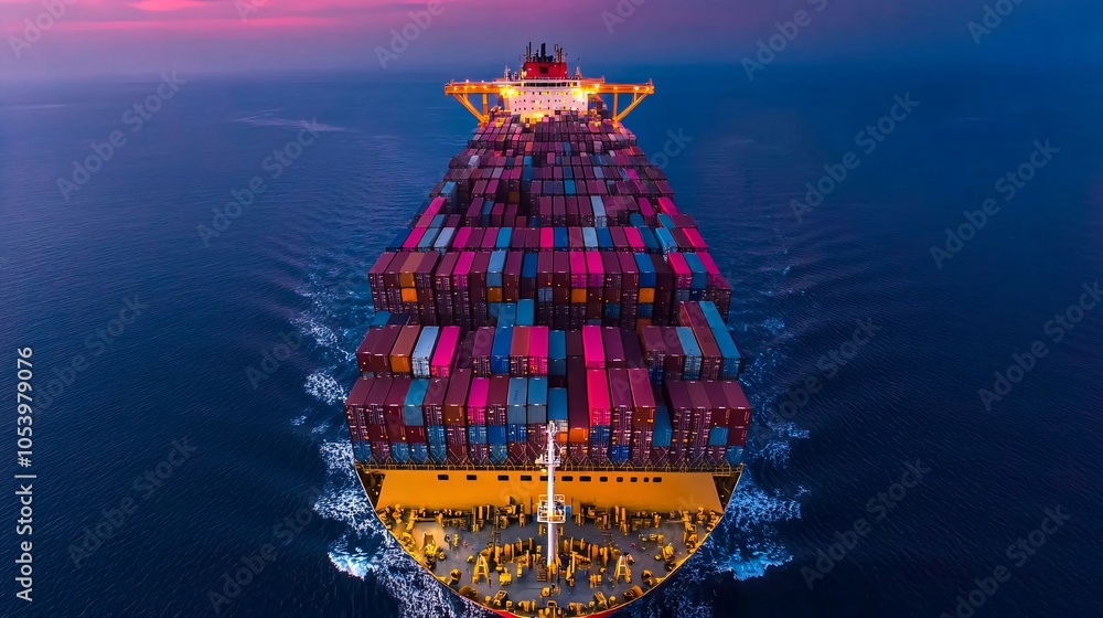 Fototapeta premium An aerial view of a cargo ship, showing its entire length and the many containers stacked on its deck. The perspective gives the viewer a sense of scale and grandeur.