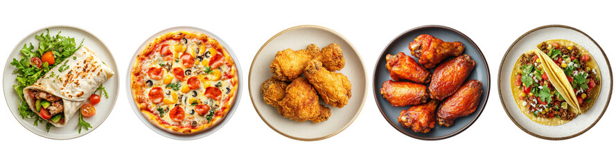 Different dishes of Fast food or junk food serve in plate from top view isolated on background, delicious meal with taco, pizza, and fries chicken.