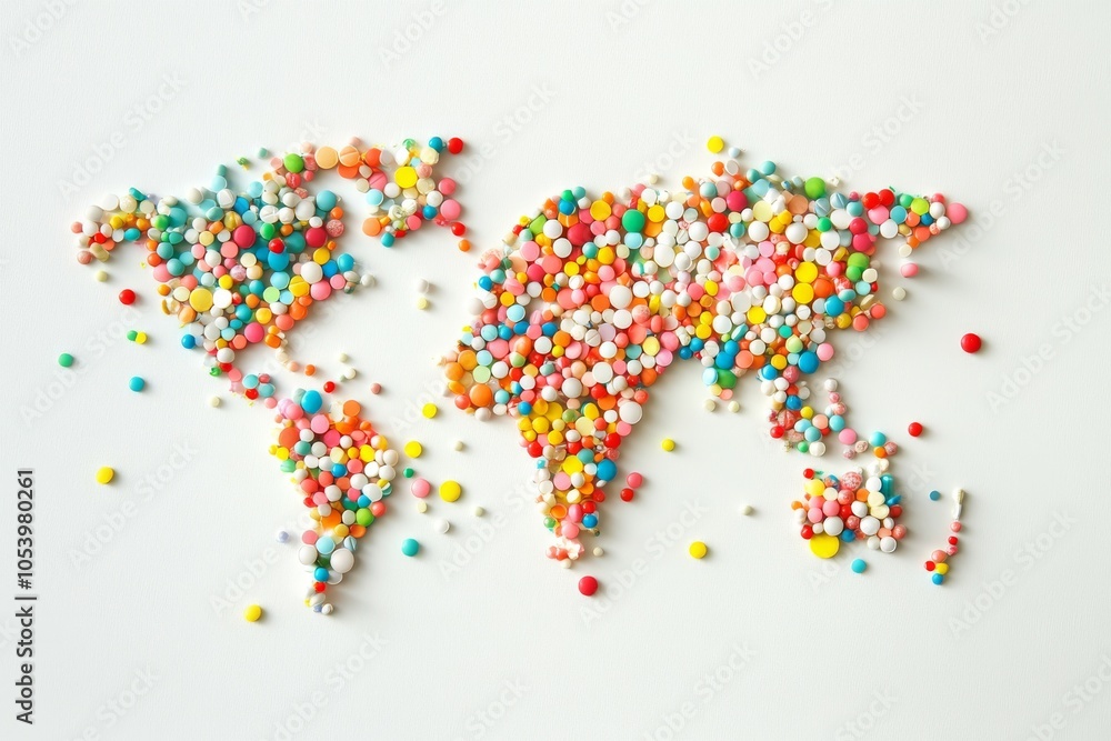 Fototapeta premium World map crafted from colorful pills, illustrating global healthcare, pharmaceutical industry, and medical accessibility and international health