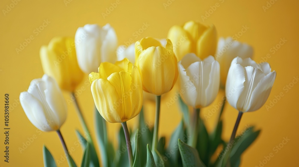 Obraz premium A stunning arrangement of yellow and white tulips against a cheerful yellow backdrop, ideal for floral decor and inspiration.