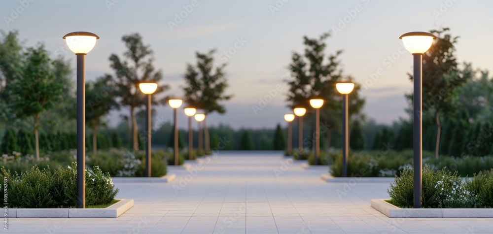 Obraz premium A serene pathway lined with street lamps in a well-kept park, ideal for evening strolls amidst nature.