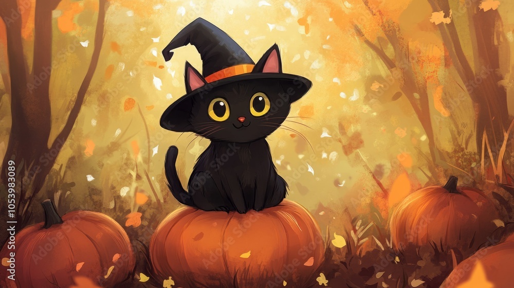 Playful black cat in a witch hat sitting on a pumpkin amid fall colors. Playful black cat in a witch hat sitting on a pumpkin amid fall colors.