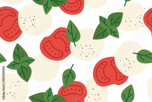 caprese salad seamless pattern: tomatoes, mozzarella cheese and basil leaves- vector illustration
