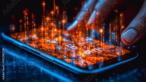 Hand interacting with smartphone screen emitting vibrant digital data visuals, representing advanced technology, innovation, digital future Bright orange blue light effect create dynamic and high tech