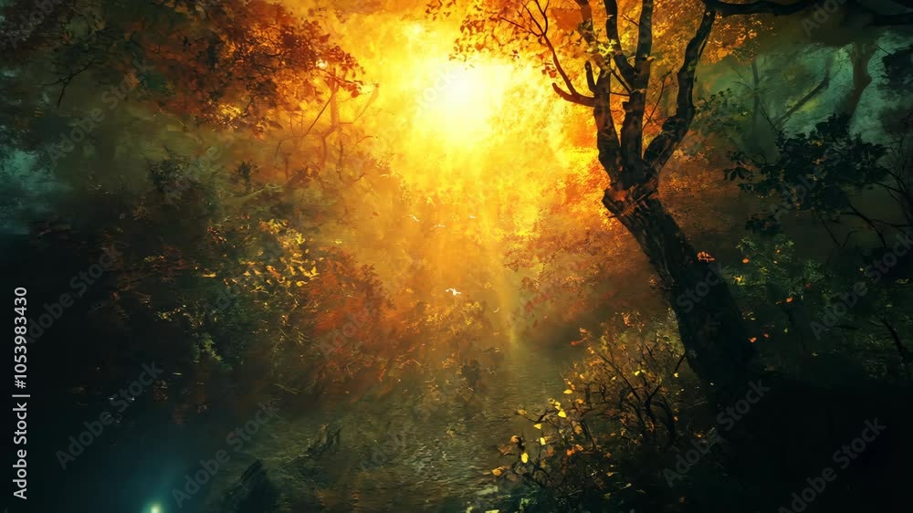 A mystical forest path is illuminated by the golden rays of the setting sun, casting an ethereal glow over the scene A mystical forest path is illuminated by the golden rays of the setting sun, casting an ethereal glow over the scene