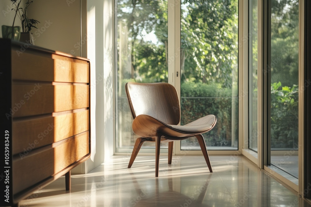 Fototapeta premium Stylish Wood Chair in Sunlit Modern Interior