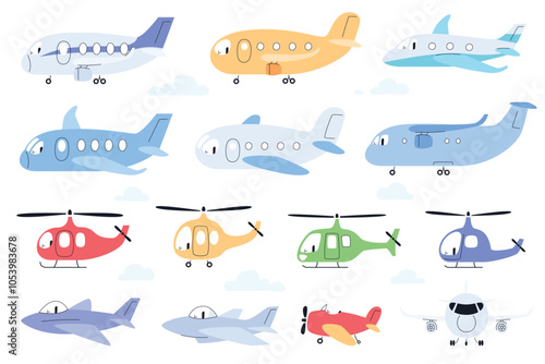 Airplanes and helicopters in cartoon style. Cute colorful air transport. Isolated flying transport, kids travel or airplane adventure. Vector illustration