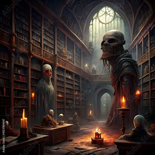 horror scene with eerie library