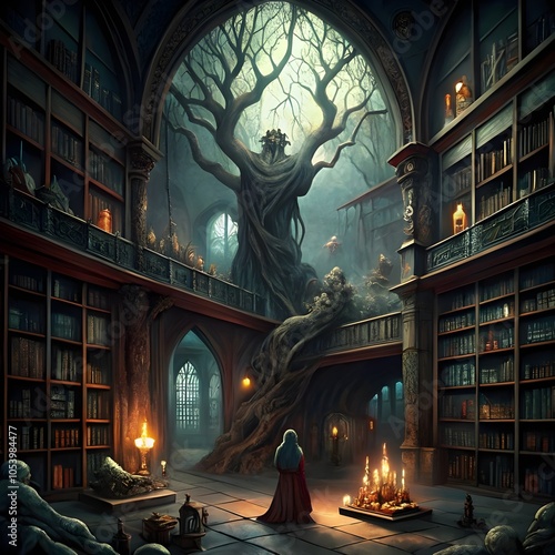 horror scene with eerie library
