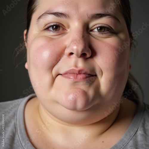 Obese woman with visible bicep fat symbolizing excessive consumption of sugar and saturated fats photo