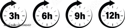 3, 6, 9 and 12 Hours Vector Clock Arrow Isolated on White Background, Vector Work Time Effect or Delivery Service Time Icons