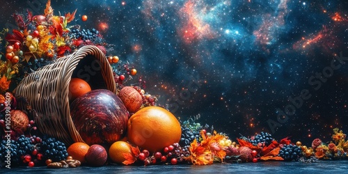 Fototapeta Naklejka Na Ścianę i Meble -  A cornucopia overflowing with autumn harvest fruits set against a cosmic backdrop representing the beauty of nature and the universe