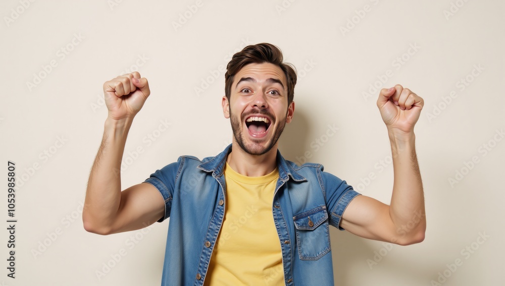 A vibrant minimalist paper cut depicts a happy young gay man cheering styled as an Adobe Illustrator graphic A vibrant minimalist paper cut depicts a happy young gay man cheering styled as an Adobe Illustrator graphic