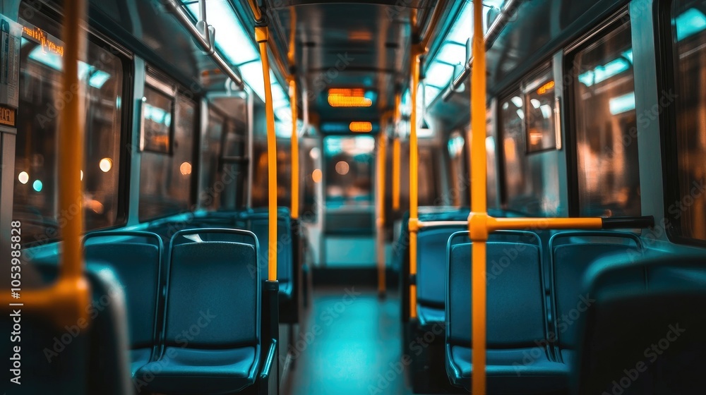 Fototapeta premium A modern public transportation bus interior with blue seats and yellow handrails, offering space for promotional text.