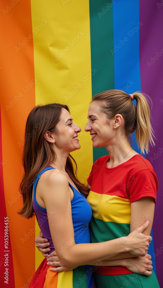 A lesbian couple proudly stands together celebrating Gay Pride Day amidst colorful rainbows A lesbian couple proudly stands together celebrating Gay Pride Day amidst colorful rainbows
