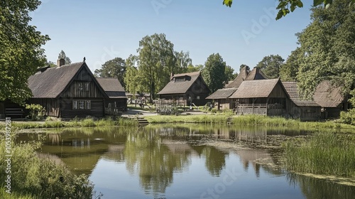 A picturesque view of the Open Air Museum Lehde showcasing traditional wooden houses, cultural artifacts, and handmade crafts, reflecting local daily life photo