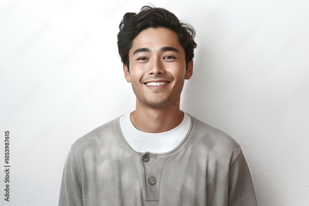 Fototapeta premium Man with a smile on his face is wearing a gray shirt. He is posing for a picture