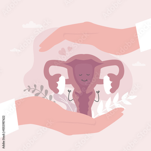 Hands cover and care of female reproductive system. Womb and uterus. Female health, fertility. Women ovaries, vagina symbol or mascot. Gynecology, anatomical women organs