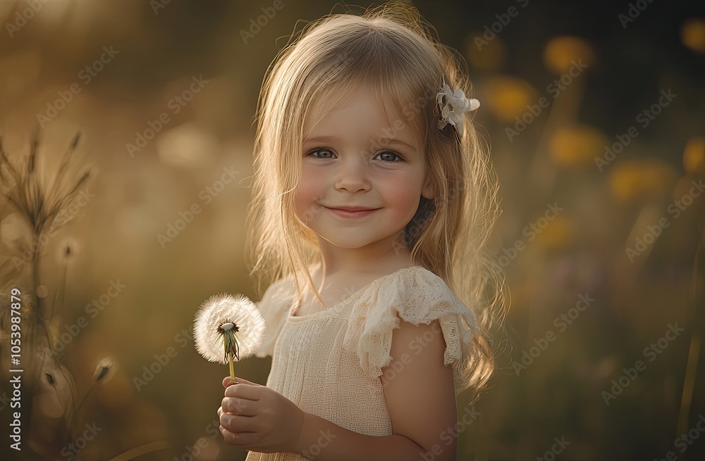 Cute little girl holding a dandelion in a green meadow, smiling and looking at the camera on a summer day. Cute little girl holding a dandelion in a green meadow, smiling and looking at the camera on a summer day.