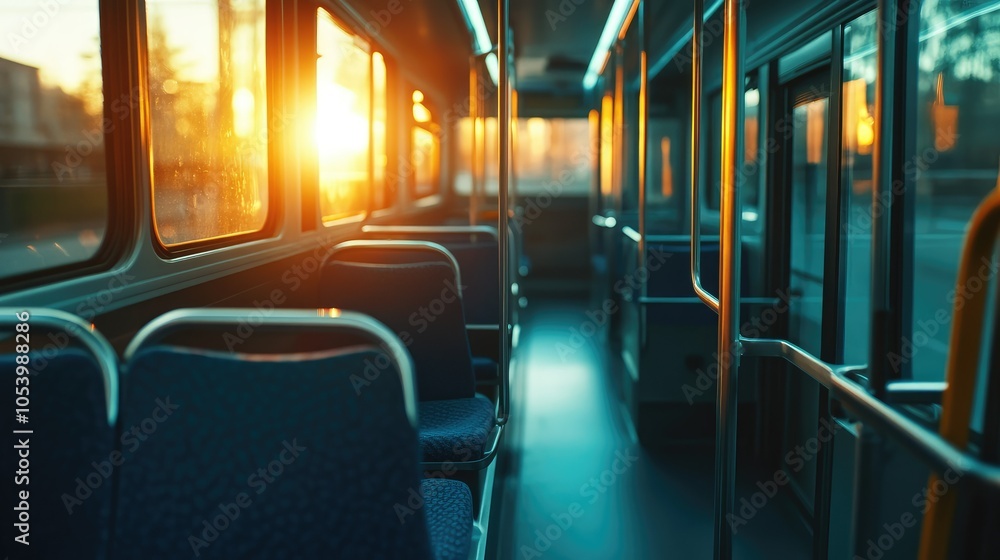 Fototapeta premium A public transport bus with blue seats, sunlight filtering through windows, and a quiet, empty atmosphere. Ideal for transport visuals.