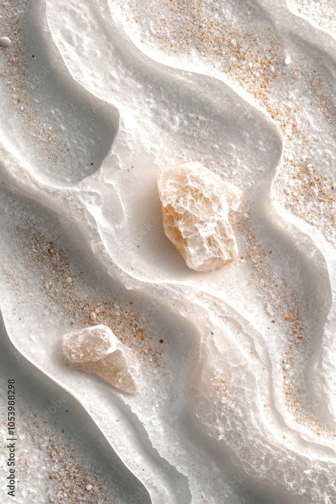 Obraz premium Textured sand patterns with crystals on a serene beach at sunset reflecting gentle waves and calming atmosphere