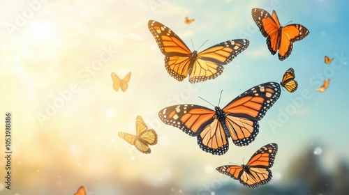 Monarch butterflies in flight, fluttering in unison with a backdrop of bright, clear skies