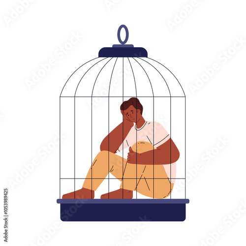 Vector illustration with man is sitting in a cage, expressing feelings of sadness and despair.