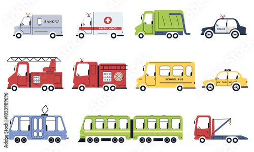 Cute city transport. Illustration in child style of cars for different professions. Equipment for the police, ambulance, firefighters, public transportation. Vector illustration