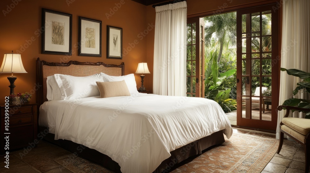 Fototapeta premium A serene luxury bedroom with a king bed, white linens, and French doors leading to a terrace with a lush garden view.