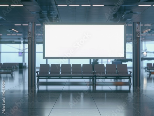 Large white sign is on a wall in a large room. The room is empty and has a very clean and modern look photo