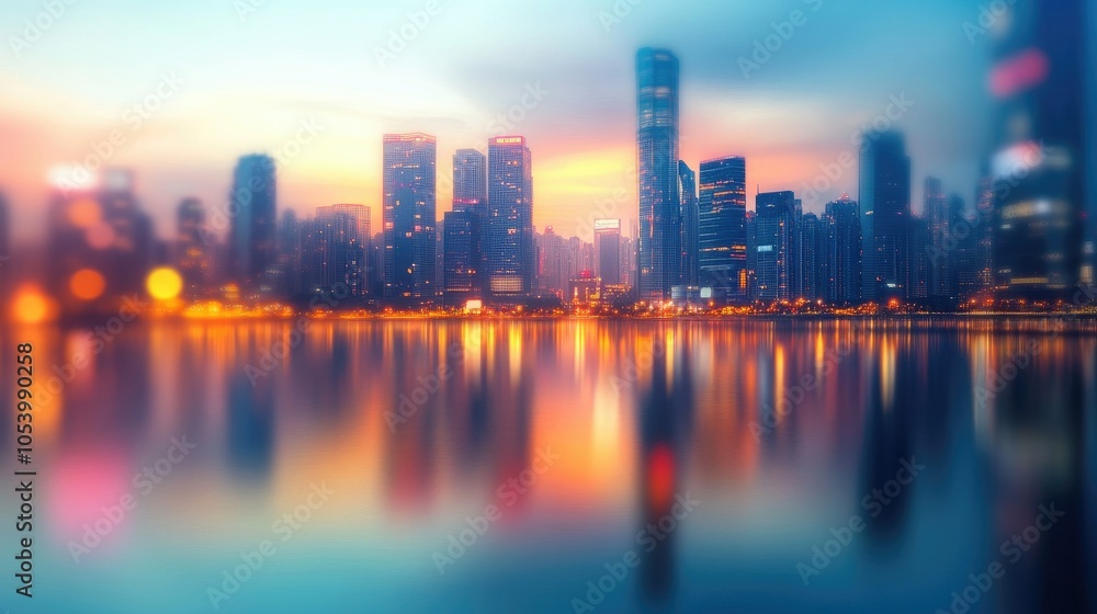 A serene sunset view of blurred city skyscrapers reflected in water, capturing the essence of tranquility and modern urban life. A serene sunset view of blurred city skyscrapers reflected in water, capturing the essence of tranquility and modern urban life.