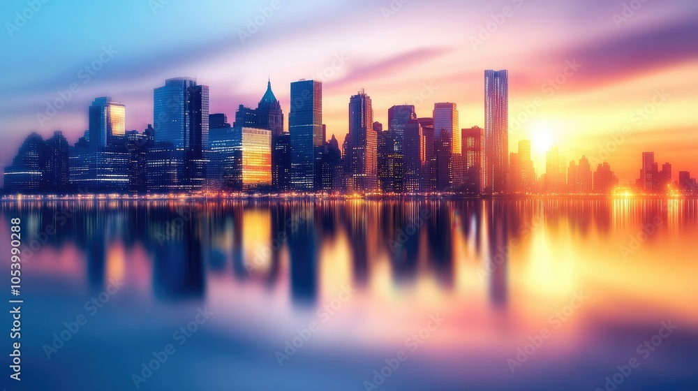 Obraz premium A serene sunset view of blurred city skyscrapers reflected in water, capturing the essence of tranquility and modern urban life.