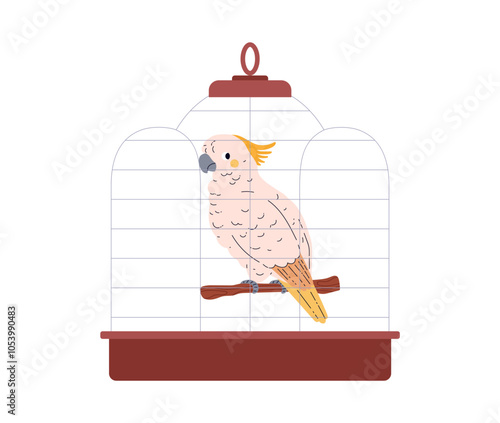 Vector illustration of a cockatoo parrot sitting in a cage, isolated on a white background.