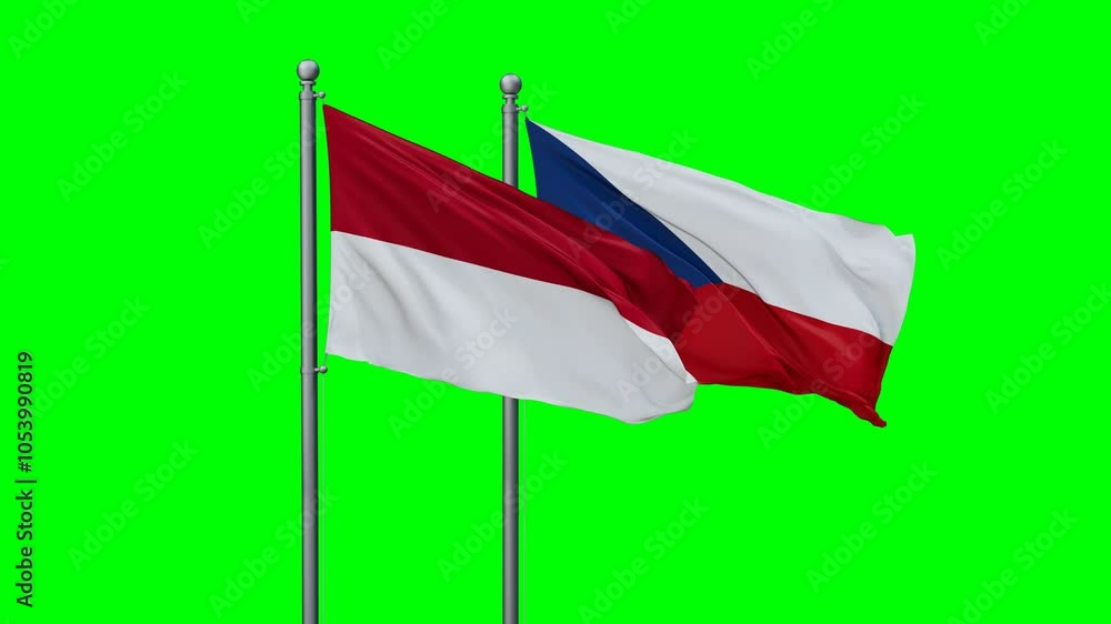 Czech Republic and Indonesia flags flying together, video concept of the relationship with colored chroma key for easy background remove Czech Republic and Indonesia flags flying together, video concept of the relationship with colored chroma key for easy background remove