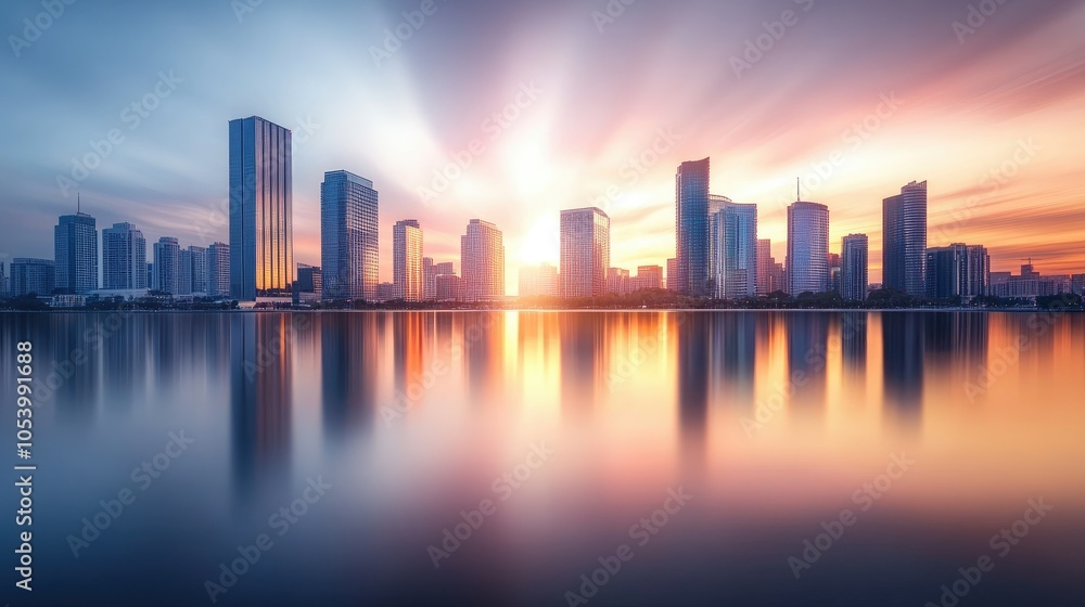 Obraz premium A striking image of city buildings blurred in motion, reflecting on water during sunset, evoking a sense of peace and urban elegance.