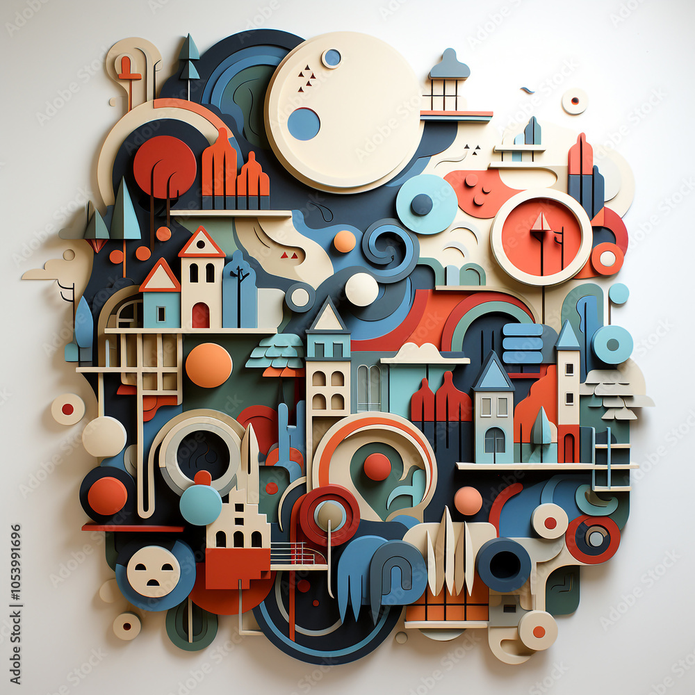 Obraz premium Origami representing an abstract city, art on colored cut paper, mural of houses, churches, buildings, wind, moon, sun, trees, clouds.