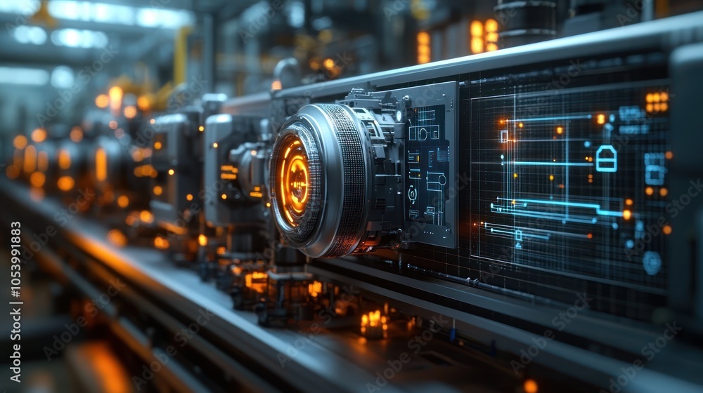 Futuristic industrial machinery with glowing elements and screens. Futuristic industrial machinery with glowing elements and screens.