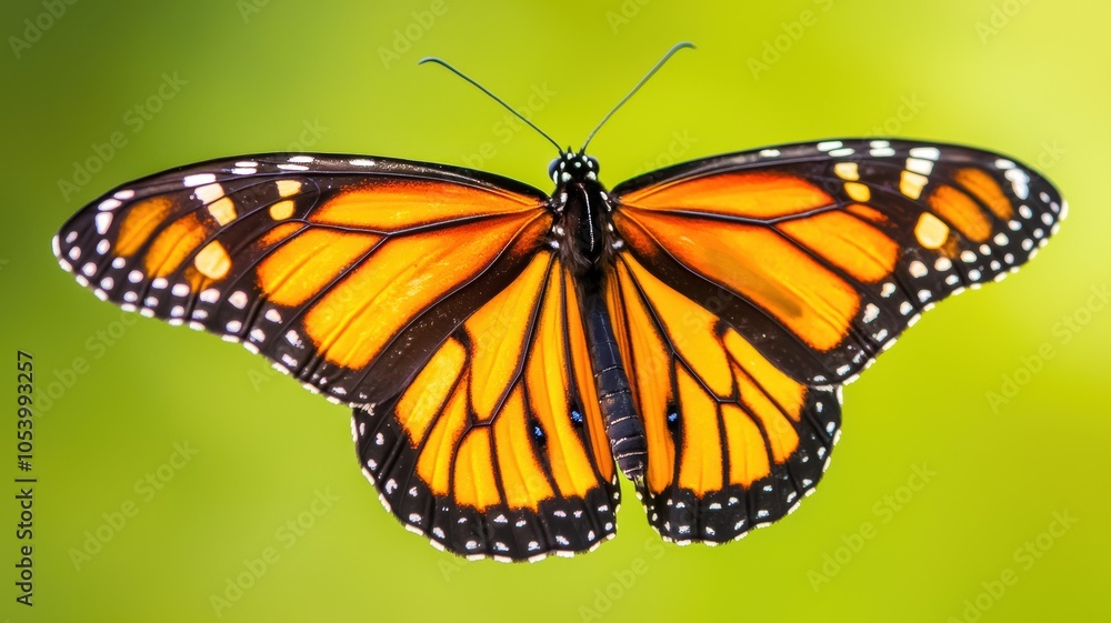Obraz premium A vibrant monarch butterfly with striking orange and black wings gracefully perched against a soft green background.