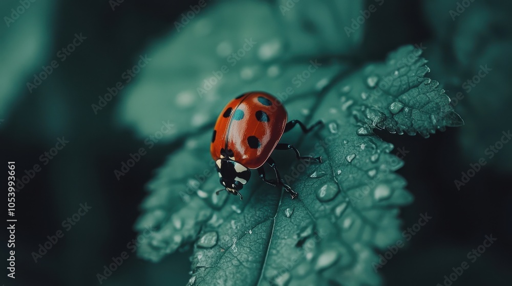 Fototapeta premium Red ladybug on a green leaf, vibrant close-up highlighting its delicate details and colors.