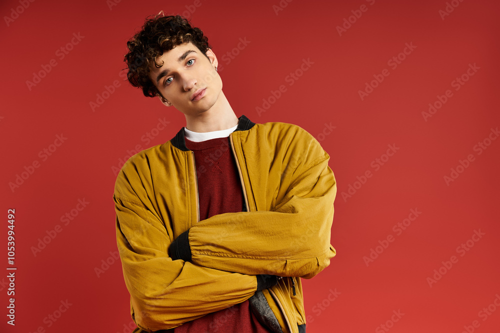 A handsome young man with curly hair stands confidently in a yellow jacket, showcasing his unique style. A handsome young man with curly hair stands confidently in a yellow jacket, showcasing his unique style.