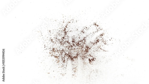 Black Coffee Grounds Scattered Across White Background.