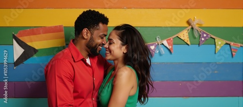 A diverse LGBTQ loving couple embrace amidst a vibrant Valentines Day-themed backdrop symbolizing pride equality and the beauty of diversity photo