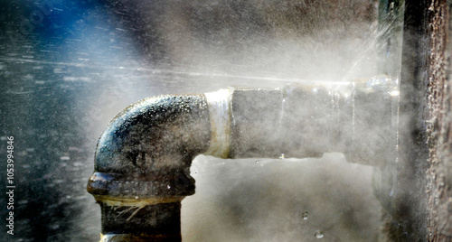 Фотография Broken Pipe With Leak Spraying Water Drops into the Air Major Problem