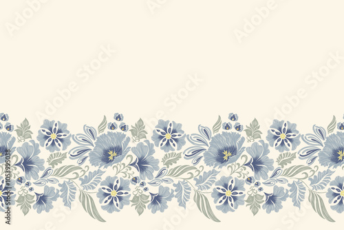 Vintage Floral pattern wallpaper pattern seamless embroidery white background. Ikat indigo flower ditsy motif traditional. Aztec style abstract vector illustration vintage design for print template.